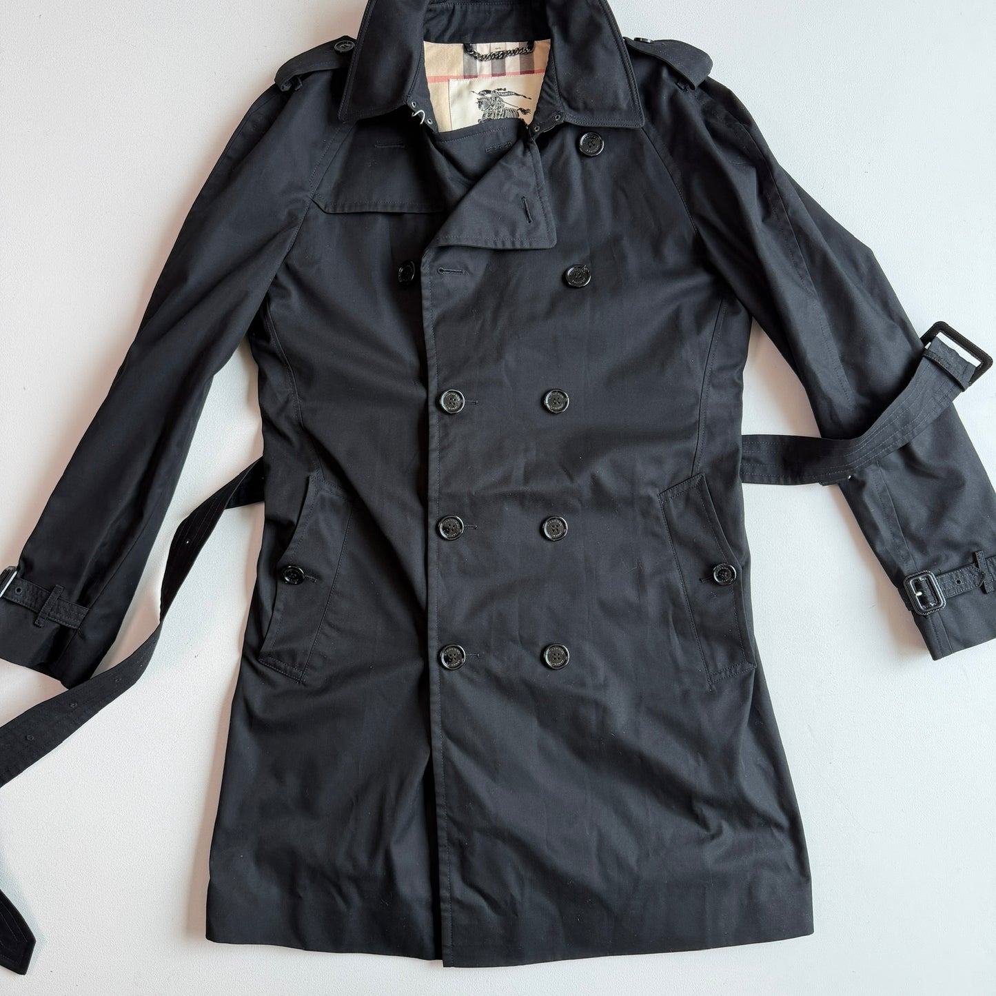 Burberry (54R) Black Poly/Cotton Double Breast Trench Coat