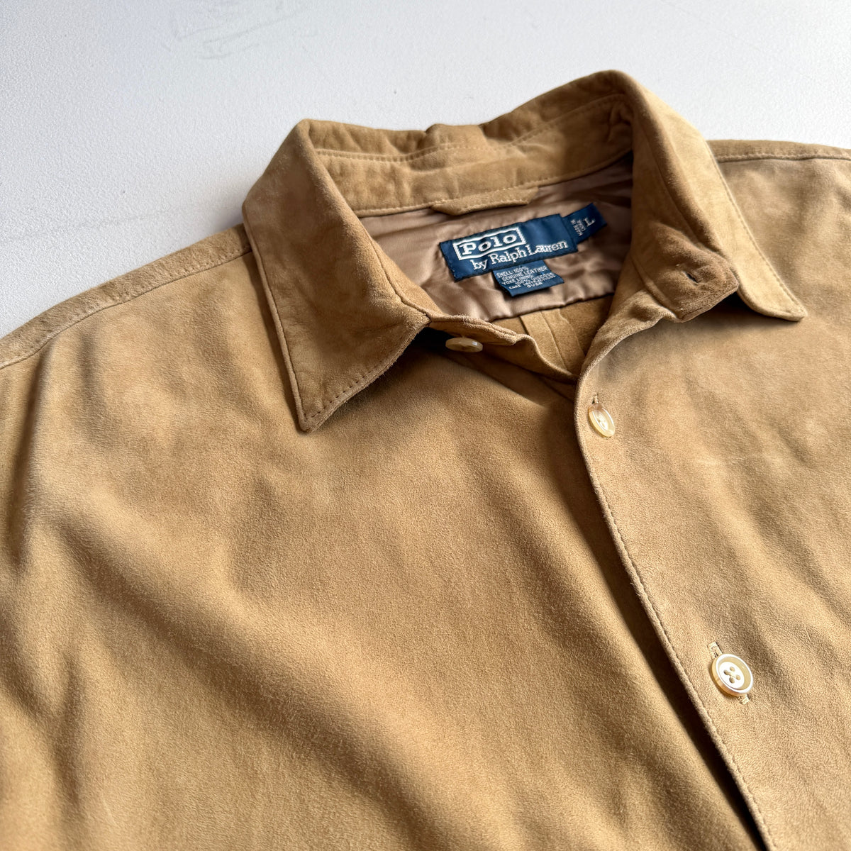 Polo Ralph Lauren (L) Suede Leather Tan Button Front Long Sleeve Shirt