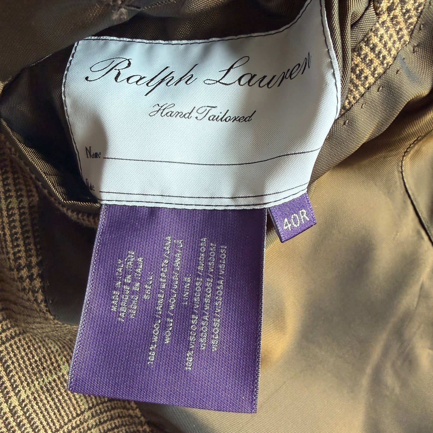 Ralph Lauren Purple Label (40R) Wool Flannel Glen Plaid Brown Sports Coat