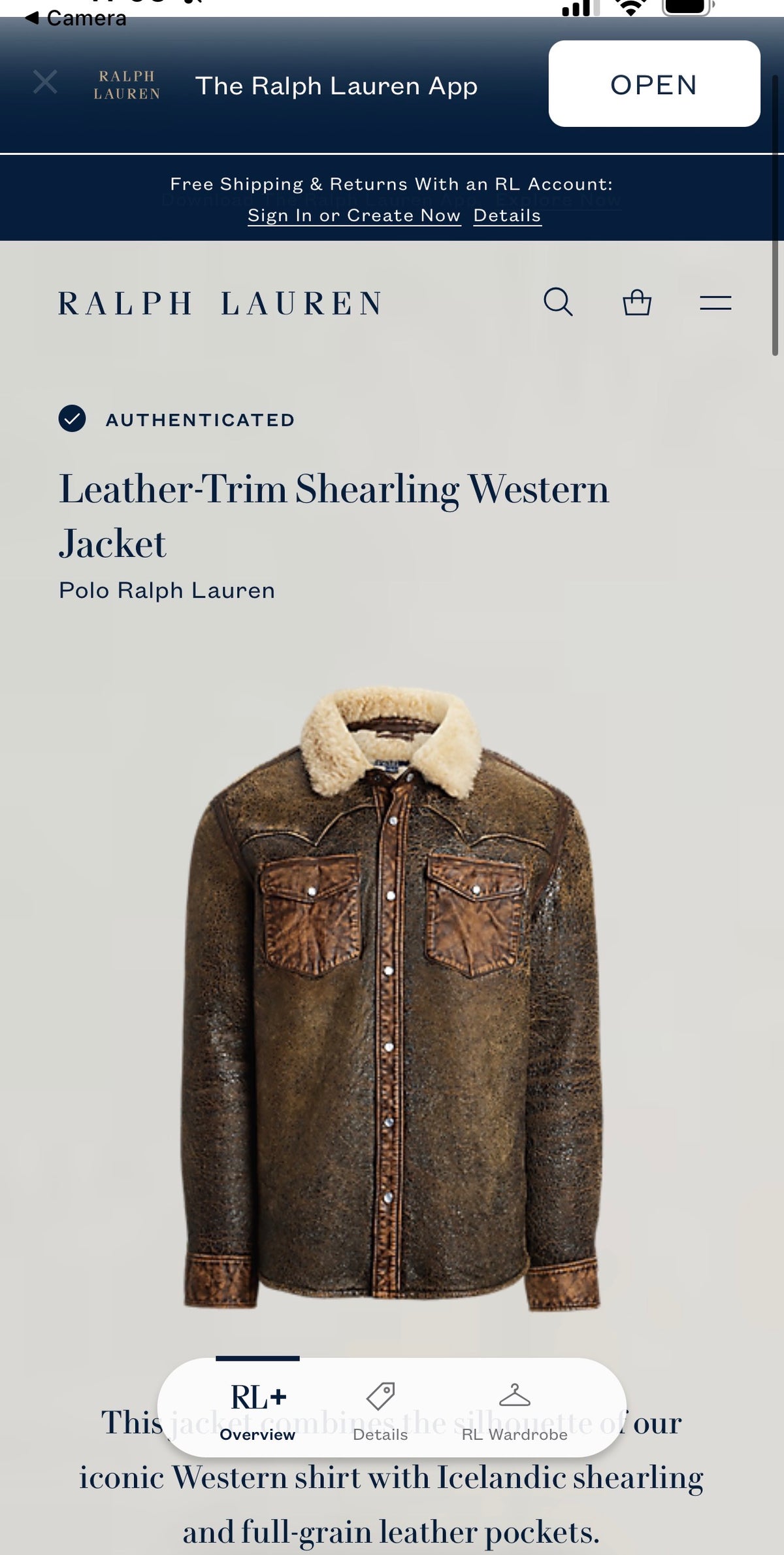 NWT Polo Ralph Lauren (S) Leather Shearling Western Pearl Snap Jacket Shirt