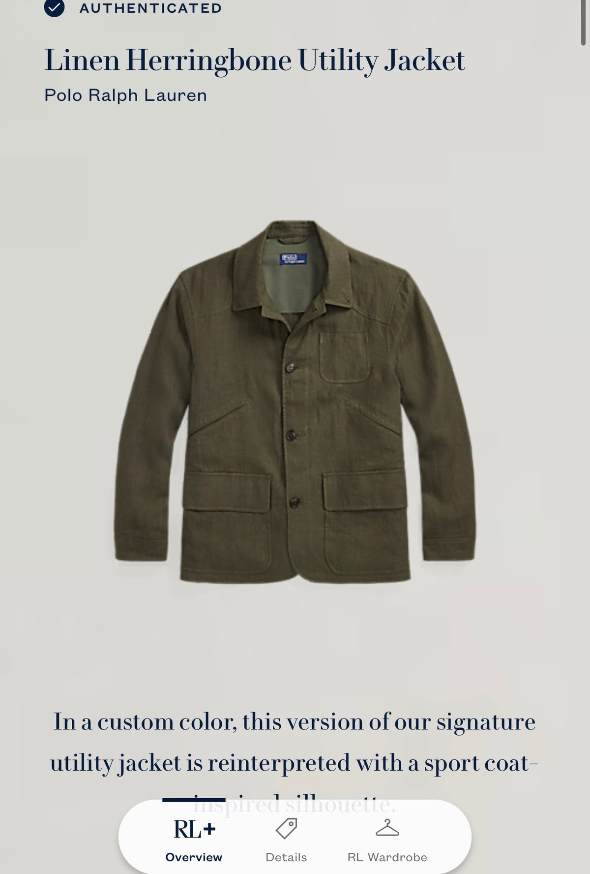 Polo Ralph Lauren (S) 100% Linen Herringbone Utility Green Jacket