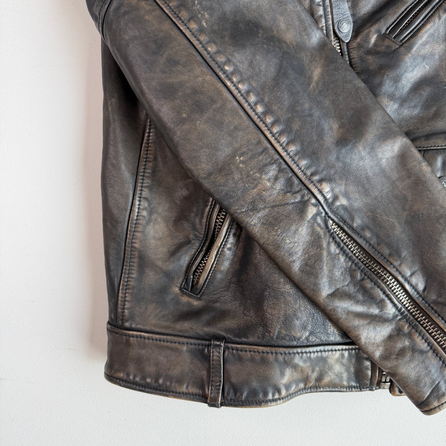 MINT! Polo Ralph Lauren (L) Bronze Leather Horizontal Zip Motorcycle Jacket